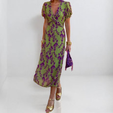 Plus Size Print V Neck Pleated Maxi Dress GMAN-28272