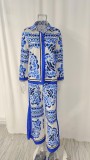 Plus Size Print Long Sleeve Shirt Two Piece Pants Set GMAN-24509