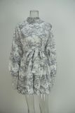 Plus Size Long Sleeve Tie Up Print Midi Dress GMAN-28391
