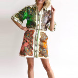 Plus Size Lapel single-breasted Long-sleeve Printed Shirt Dress GMAN-24545