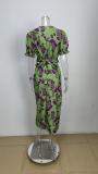 Plus Size Print V Neck Pleated Maxi Dress GMAN-28272
