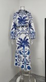 Plus Size Vintage Printed V-Neck Long Sleeve Long Skirt Set GMAN-28925