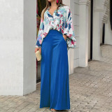 Plus Size Print Long Sleeve Shirt Two Piece Pants Suit GMAN-9123