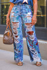 Fashion Graffiti Print Holes Straight Jeans GSMJ-8003