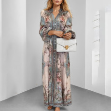 Plus Size V Neck Long Sleeve Print Maxi Dress GMAN-28758