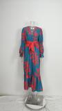 Plus Size Printed Lace-Up Bubble Long Sleeve Maxi Dress GMAN-28748