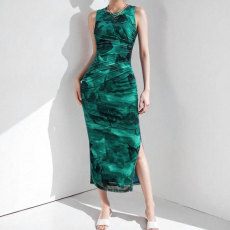 Plus Size Print Sleevless Slim Split Maxi Dress GMAN-29209