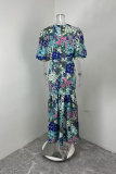 Plus Size Lantern Sleeve Printed Long Dress GMAN-29013
