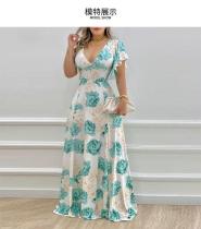 Plus Size V Neck Print Ruffles Sleeve Maxi Dress GMAN-9040