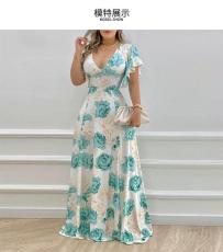 Plus Size V Neck Pirnt Ruffles Sleeve Maxi Dress GMAN-9040
