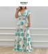 Plus Size V Neck Print Ruffles Sleeve Maxi Dress GMAN-9040