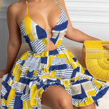 Plus Size Hollow Out Strappy V Neck Print Midi Dress GMAN-21503