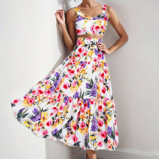 Plus Size Vintage Sleeveless Camisole Top Printed Long Skirt Suit GMAN-28995