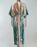 Plus Size Print V Neck Tie Up Maxi Dress GMAN-21383