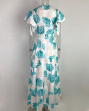 Plus Size V Neck Print Ruffles Sleeve Maxi Dress GMAN-9040