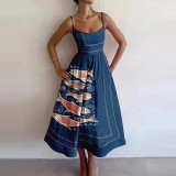 Plus Size Fashion Printed Pleated Big Hem Camisole Dress GMAN-28744