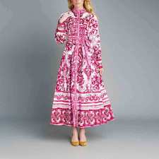 Plus Size Print Long Sleeve Tie Up Maxi Dress GMAN-28398