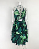 Plus Size Hollow Out Strappy V Neck Print Midi Dress GMAN-21503