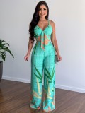Plus Size Print Sling Tops And Wide Leg Pants Suit GMAN-8258