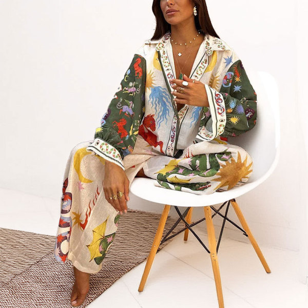 Plus Size Casual Print V Neck Shirt Wide Leg Pants Suit GMAN-28308
