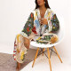 Plus Size Casual Print V Neck Shirt Wide Leg Pants Suit GMAN-28308