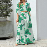 Plus Size V-Neck Lantern Sleeve Top Wide Leg Pants Set GMAN-86478