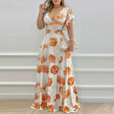 Plus Size V Neck Print Ruffles Sleeve Maxi Dress GMAN-9040