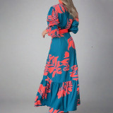 Plus Size Printed Lace-Up Bubble Long Sleeve Maxi Dress GMAN-28748