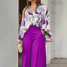 Plus Size Print Long Sleeve Shirt Two Piece Pants Suit GMAN-9123