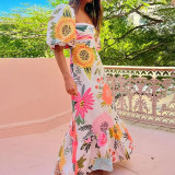 Plus Size Printed Lantern Short Sleeve Big Hem Maxi Dress GMAN-28338-28335