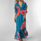 Plus Size Printed Lace-Up Bubble Long Sleeve Maxi Dress GMAN-28748
