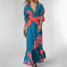 Plus Size Printed Lace-Up Bubble Long Sleeve Maxi Dress GMAN-28748