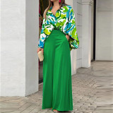 Plus Size Print Long Sleeve Shirt Two Piece Pants Suit GMAN-9123