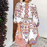 Plus Size V-Neck Lantern Sleeve Printed Dress GMAN-28830