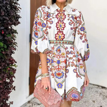 Plus Size V-Neck Lantern Sleeve Printed Dress GMAN-28830