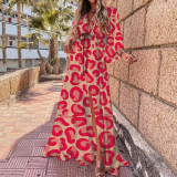 Plus Size Print V Neck Tie Up Maxi Dress GMAN-21383