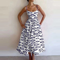 Plus Size Fashion Printed Pleated Big Hem Camisole Dress GMAN-28744