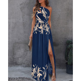 Plus Size Slash Shoulder Print Split Maxi Dress GMAN-21703