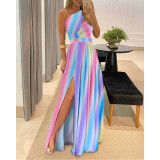 Plus Size Slash Shoulder Print Split Maxi Dress GMAN-21703