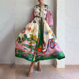 Plus Size Printed V-Neck Lace-Up Long Sleeve Long Dress GMAN-24761