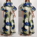 Plus Size Loose Print Bubble Sleeve Maxi Dress GMAN-29008