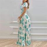 Plus Size V Neck Print Ruffles Sleeve Maxi Dress GMAN-9040