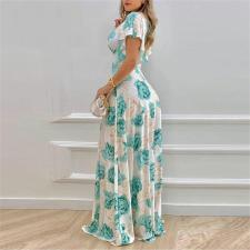 Plus Size V Neck Print Ruffles Sleeve Maxi Dress GMAN-9040
