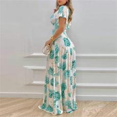 Plus Size V Neck Pirnt Ruffles Sleeve Maxi Dress GMAN-9040
