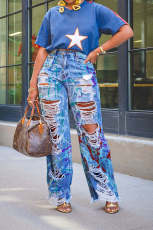Fashion Graffiti Print Holes Straight Jeans GSMJ-8003
