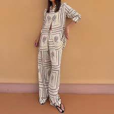 Plus Size Long Sleeve Print Shirt Loungewear Pants Suit GMAN-28613