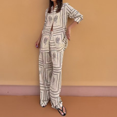 Plus Size Long Sleeve Print Shirt Loungewear Pants Suit GMAN-28613