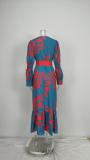 Plus Size Printed Lace-Up Bubble Long Sleeve Maxi Dress GMAN-28748