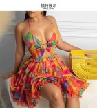 Plus Size Hollow Out Strappy V Neck Print Midi Dress GMAN-21503