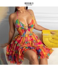 Plus Size Hollow Out Strappy V Neck Print Midi Dress GMAN-21503